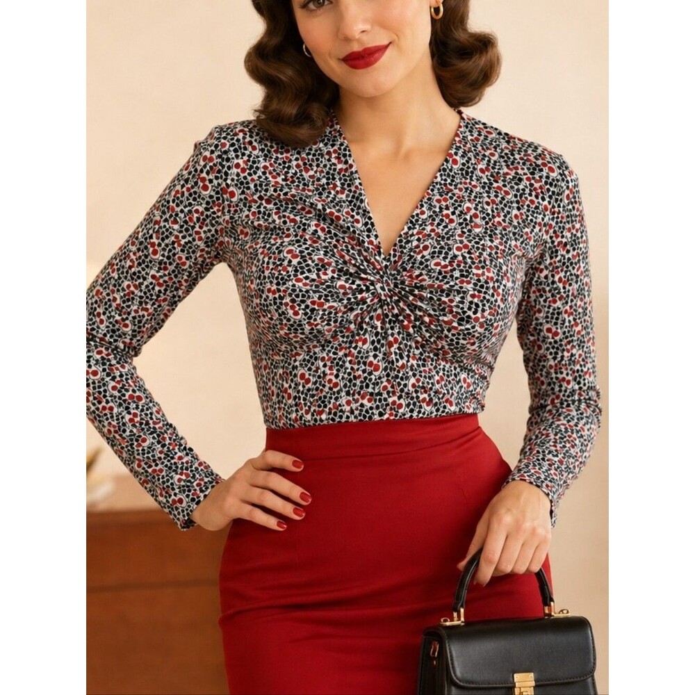Black White Red Cherry Print L/S V-Neck Blouse Top M Whimsical Romantic Pin Up